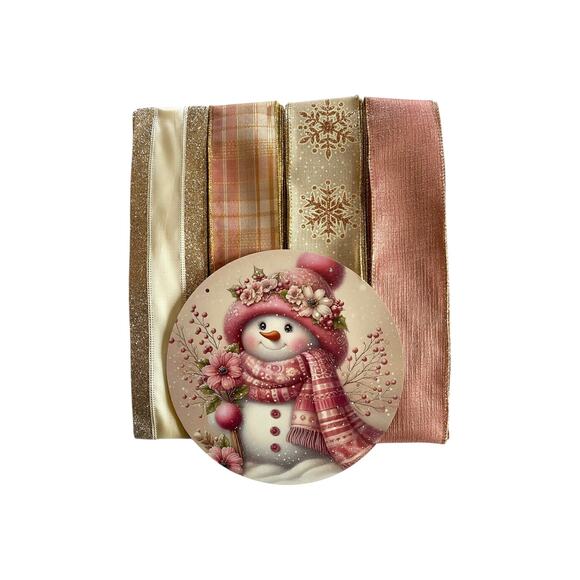 Blush Pink Snowman Sign & Ribbon Bundle | Winter Christmas Wreath Kit DIY Set - Picture 7 of 7